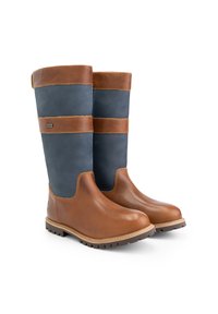 Bruna och blå vattentäta stövlar med hög design. Har en slät läderfinish, kontrasterande färgband och texturerade gummisålar.