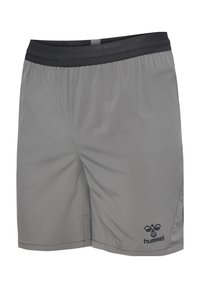 Grijze sportshorts met zwarte elastische tailleband en klein zwart Hummel-logo op het onderste rechterbeen.