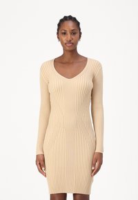Abito a maglia a maniche lunghe in beige chiaro con scollatura a V. Presenta coste verticali e cuciture sagomate per una vestibilità e una texture definite.