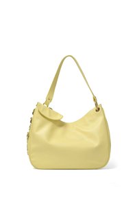 Geel hobo bag gemaakt van glad leer met een gebogen silhouet, een enkele schouderriem en een opklapbaar flapdetail.