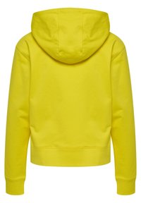 Gelbes, kurzes Hoodie mit Kapuze, aus weichem Material gefertigt. Verfügt über lange Ärmel sowie gerippte Bündchen und Saum für eine enge Passform.