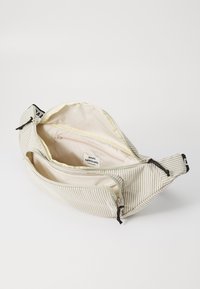 Sac banane en tissu rayé, doté de deux compartiments zippés avec un doublure beige, une sangle réglable et des détails de logo sur la sangle.
