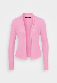 Růžový pletený cardigan s otevřeným předním dílem, dlouhými rukávy a žebrovanými manžetami. Má texturovaný povrch a volnější střih.