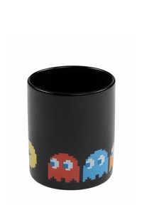 Tazza in ceramica nera con design di fantasmi pixelati in giallo, rosso, blu e arancione lungo il bordo inferiore. Finitura lucida, forma cilindrica.