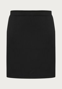 Jupe noire, longueur genou, en tissu doux avec une taille élastique ; texture lisse et design simple et droit sans embellissements.