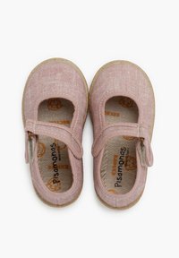 Pink Mary Jane shoes with a textured fabric upper, a strap and clip closure, and a beige sole. Inside features playful logo print.