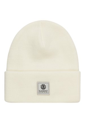 Crème-kleurige gebreide beanie met een omgeslagen rand. Voorzien van een vierkante logopatch en een gladde, gestructureerde afwerking.