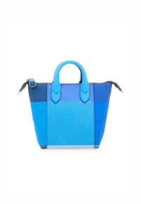 Borsa in pelle blu con molteplici tonalità, caratterizzata da due manici superiori e una chiusura a zip. Superfici testurizzate e lisce si contrastano nel design.