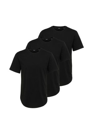 Drei schlichte schwarze T-Shirts mit kurzen Ärmeln und Rundhalsausschnitt, in einem versetzten, überlappenden Layout auf weißem Hintergrund angeordnet.