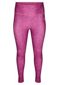 Fioletowe legginsy z wzorem w paski zebry w ciemniejszym odcieniu fioletu. Wykonane z elastycznego, gładkiego materiału z wysokim stanem dla wygody.