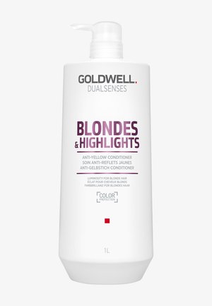 Goldwell Dualsenses Blondes & Highlights anti-geel conditioner in een witte pompflacon van 1 liter ter bescherming van blond haar.