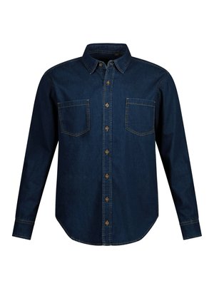 Donkerblauwe denim overhemd met lange mouwen, puntige kraag, twee borstzakken en knoopsluiting. Bevat zichtbare stikdetails.