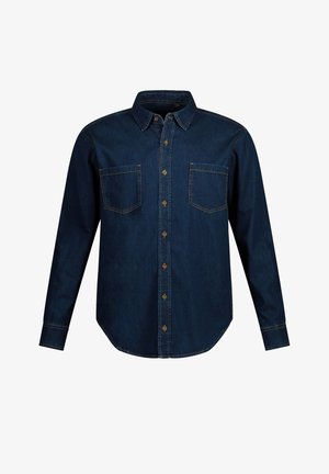 Dark blue denim shirt with long sleeves, pointed collar, two chest pockets, and button closure. Features visible stitching details.