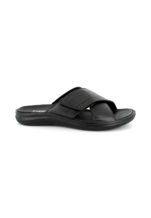 Sandalo slide nero con punta aperta, cinturini di pelle spessi a incrocio e suola imbottita, progettato per un uso casual.