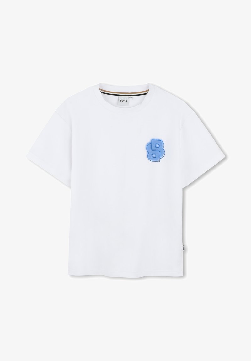 Vit bomull t-shirt med en blå, upphöjd "B" logotyp på bröstet. Kortsleeves och rund halsringning. Ren och enkel design.