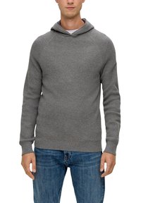 Gray ribbed hoodie with a soft texture, featuring a front pocket, adjustable drawstring hood, and long sleeves. Worn with blue jeans.