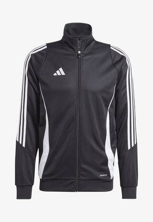 Sort atletisk jakke med høj krave, hvide sidelapper og tre hvide striber på hver ærme. Har fuld lynlås og Aeroready-branding.