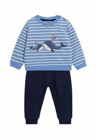 Sinine ja valge triibuline pika varrukaga tipp, millel on vaala tikand, ja tumehall ribabari. Materjal näib olevat pehme ja mugav imikutele.