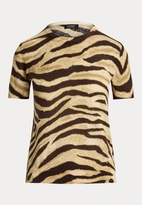 Camisola de manga curta com padrão de listras de tigre em bege e castanho escuro, feita de um material suave e texturizado, com decote redondo.