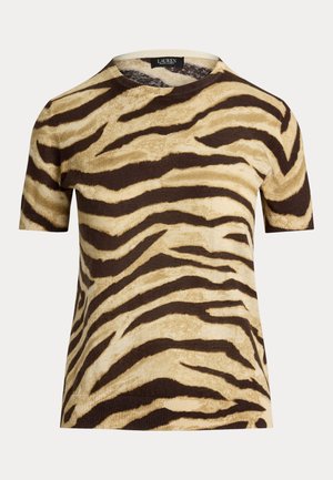 Short-sleeve sweater featuring a tiger stripe pattern in beige and dark brown, made of a soft, textured material with a crew neckline.