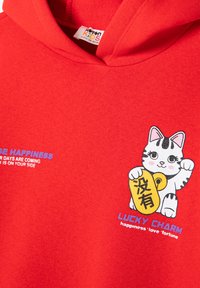 Rød hættetrøje lavet af blødt stof, med et cartoon kat-design og et gyldent lykketag. Teksten siger "LYKKETEGN" i blå.