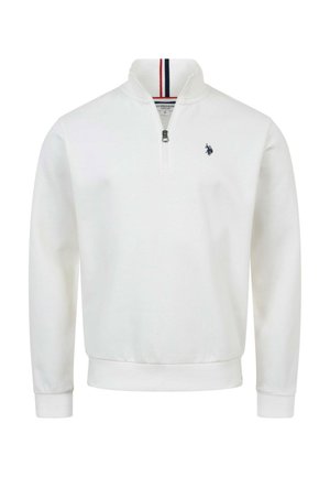 White long-sleeve quarter-zip pullover with ribbed cuffs and hem, featuring a small navy polo player logo on the left chest.