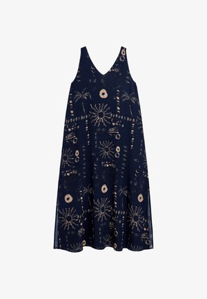 Granatowa sukienka z dekoltem w kształcie litery V, bez rękawów, z nadrukiem słońc i palm w odcieniach beżu. Luźny krój z rozcięciami po bokach.