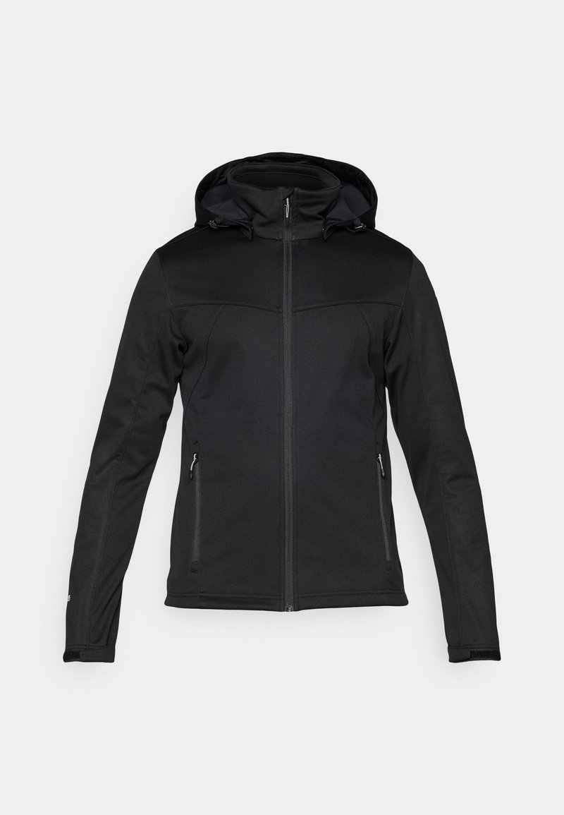 Schwarze Kapuzenjacke aus Softshell-Material, mit einem Frontreißverschluss, zwei Seitentaschen und einem strukturierten oberen Paneeldesign.