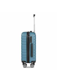 Hartschalenkoffer in Teal mit strukturierten Rillen, schwarzem Reißverschluss, Zahlenkombinationsschloss und einem ausziehbaren Griff. Verfügt über vier rollende Räder.