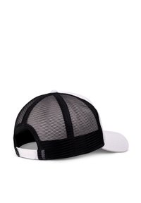 White and black trucker hat with a mesh back, curved brim, and adjustable snap closure. Textured surface with prominent black rear mesh panel.