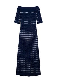 Gaun navy biru dengan model off-the-shoulder dan lengan pendek, dilengkapi dengan garis horizontal putih, tekstur bergaris, dan bagian bawah yang melebar.