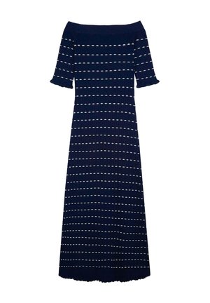 Marineblaues schulterfreies Kleid mit kurzen Ärmeln, das weiße horizontale Streifen, eine gerippte Textur und einen schwingenden Saum aufweist.