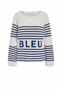 Pull blanc avec des rayures horizontales bleu marine, comportant un graphique central "BLEU". Manches et ourlet côtelés, col ras du cou, tissu tricoté texturé.