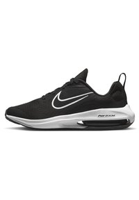 Schwarze Nike-Sneaker mit einem Obermaterial aus Mesh, weißen Akzenten, einer runden Zehe und einer sichtbaren Luftpolsterungseinheit in der Sohle.
