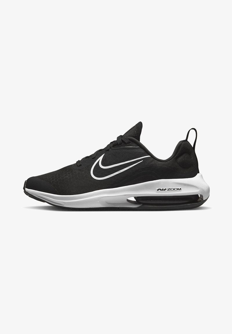 Black Nike sneakers with a mesh upper, white accents, a rounded toe, and a visible air cushioning unit in the sole.