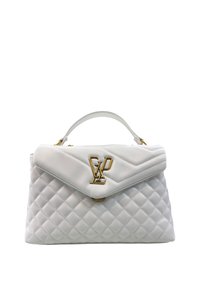 Borsa a tracolla bianca trapuntata con design strutturato, dotata di manico ad anello e hardware dorato. Accento del logo evidente sulla patta anteriore.