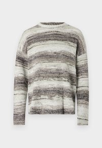 Textūruotas megztinis, papuoštas horizontaliomis juostelėmis pilkos, kreminės ir taupe spalvų. Apvalus kaklas ir ilgos rankovės su laisvu kirpimu.