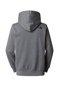 Sudadera con capucha gris de textura suave, con puños y dobladillo acanalados. El logo de The North Face es visible en la parte superior de la espalda.
