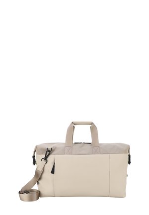 Borsa a duffel beige realizzata in tessuto resistente. Dotata di due manici, una tracolla removibile e tasche con zip per lo stoccaggio.