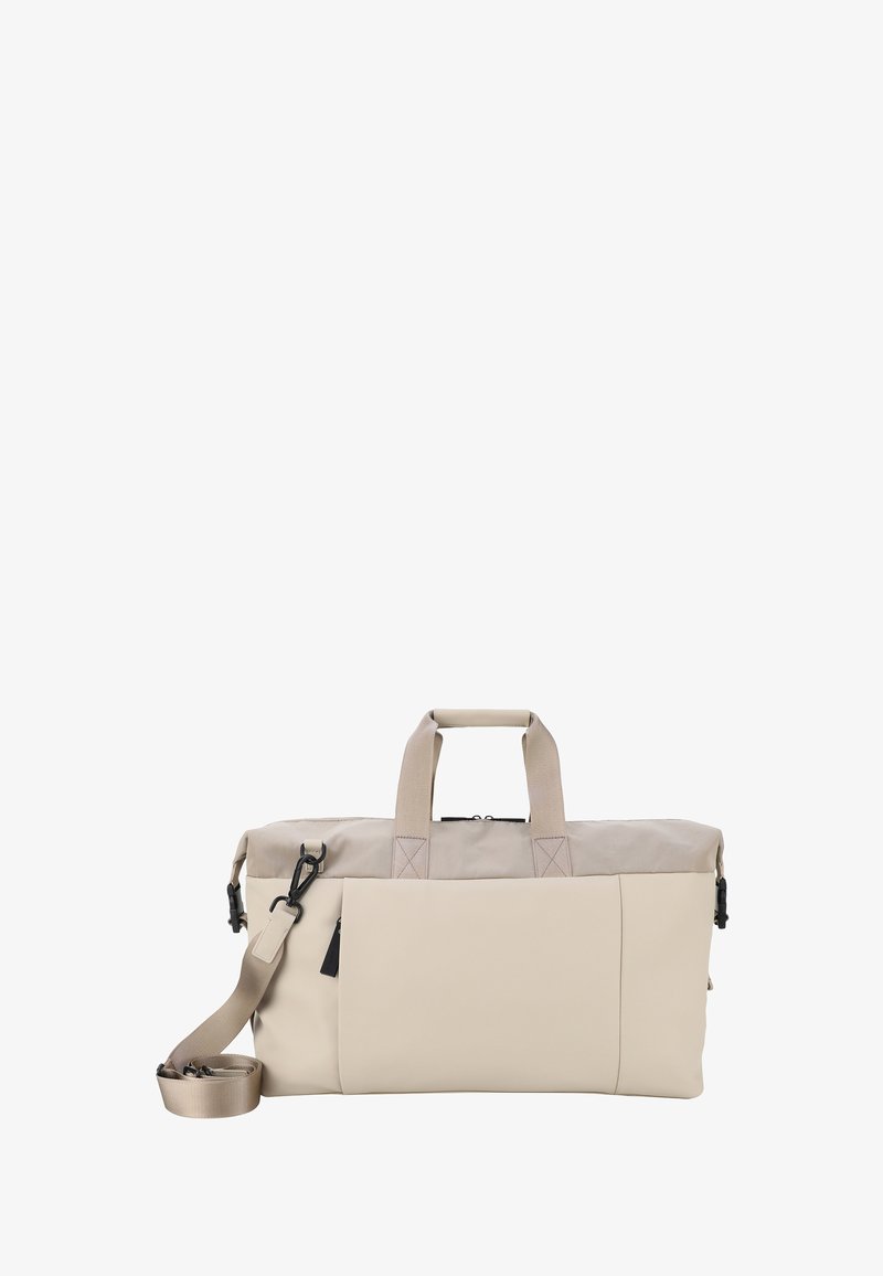 Borsa a duffel beige realizzata in tessuto resistente. Dotata di due manici, una tracolla removibile e tasche con zip per lo stoccaggio.