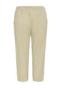 Pantalon beige clair à rayures avec taille élastique, poignets resserrés à la cheville et deux poches latérales ; fabriqué dans un tissu texturé.