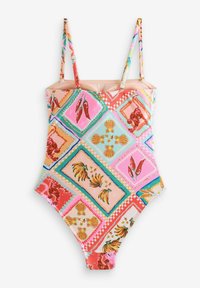 Enodelni kopalni kostim z nastavljivimi naramnicami, ki se ponaša z živahnim patchwork oblikovanjem s čilijem, bananami, morsko deklico in abstraktnimi oblikami.