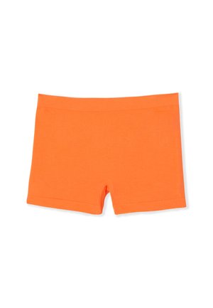 Shorts en tissu extensible orange vif avec une ceinture lisse et une courte entrejambe, posés à plat sur un fond blanc.