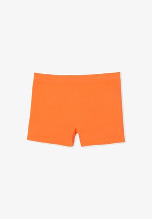 Shorts en tissu extensible orange vif avec une ceinture lisse et une courte entrejambe, posés à plat sur un fond blanc.