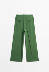 Groene broek met wijde pijpen, van achteren gezien, met riemlussen en twee met knopen gesloten paspelzakken op een witte achtergrond.