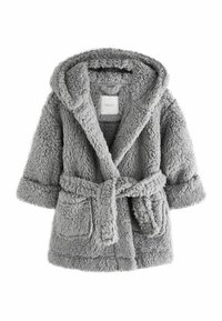 Grau flauschiger Bademantel mit Kapuze, strukturiertem Stoff, Bindegürtel und zwei vorderen Taschen. Enthält ein Etikett innen mit dem Markennamen.