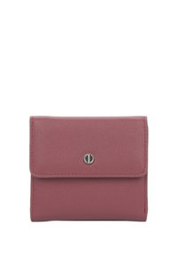 Różowy skórzany portfel o teksturowanej powierzchni, prostokątnym kształcie i srebrnym zapięciu z przodu. Kompaktowy i funkcjonalny design.