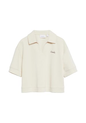 Koszulka polo w kolorze kremowym z krótkim rękawem, luźnym krojem i małym logo "COMMA" na lewej piersi.