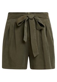 Shorts vert olive fabriqués en tissu doux, avec un devant plissé et une ceinture nouée à la taille. Design classique avec une coupe décontractée.