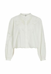 Balta īsā blūze ar apaļu kakla izgriezumu, garām balona piedurknēm, izšūtiem rotājumiem un vilnaina raksta apakšu. Izgatavota no viegla auduma.